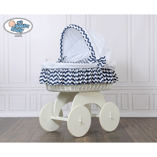 Rieten en Houten Wieg - met Kap - Komplett-Set Wit Marineblauw Hanna