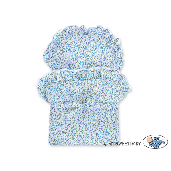 Rieten Poppenwagen met Beddengoed Blauw Grijs Bloemenweide Bloemen