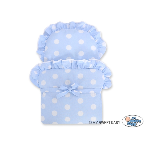 Rieten Poppenwagen met Beddengoed Blauw Polkaprikker