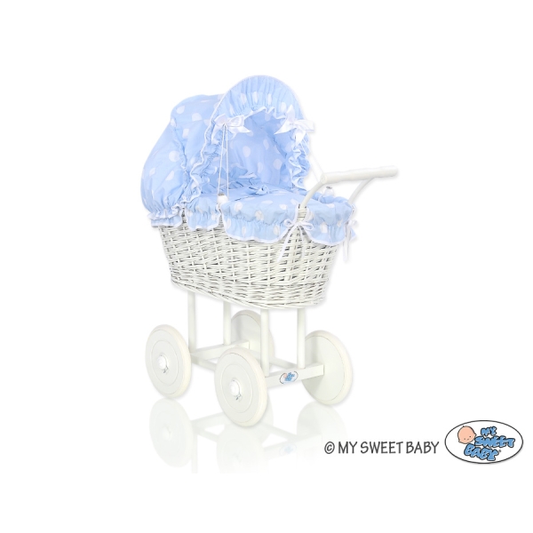 Rieten Poppenwagen met Beddengoed Blauw Polkaprikker
