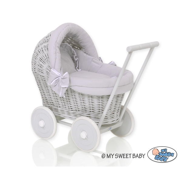 Rieten Poppenwagen met Beddengoed Grijs