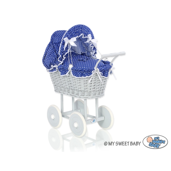 Rieten Poppenwagen met Beddengoed Grijs