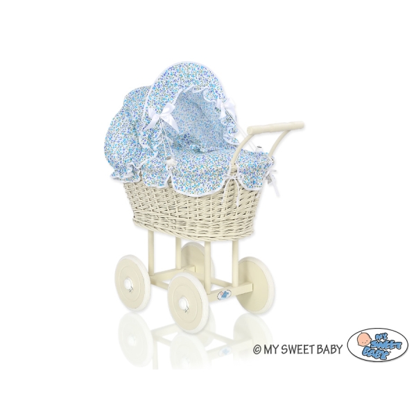 Rieten Poppenwagen met Beddengoed Ivoor Blauw Bloemenweide Bloemen
