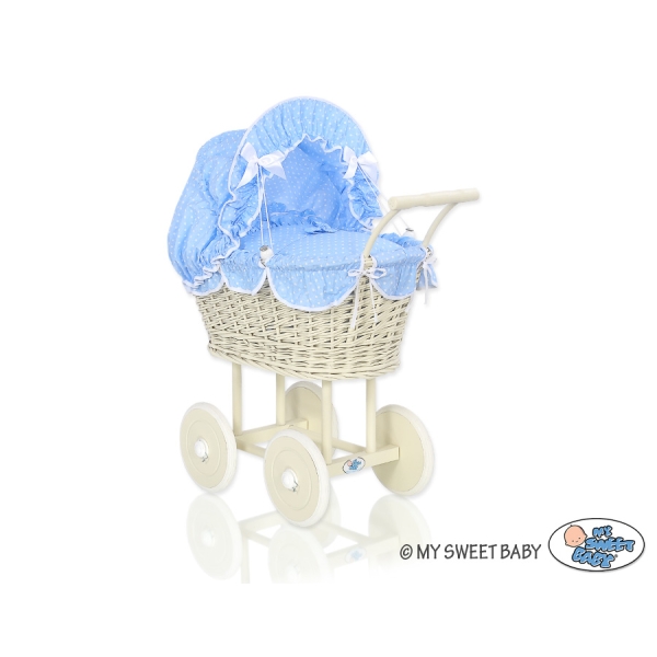 Rieten Poppenwagen met Beddengoed Ivoor Wit Blauw Polkaprikker