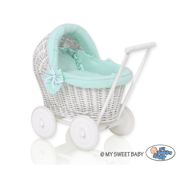 Rieten Poppenwagen met Beddengoed Mint
