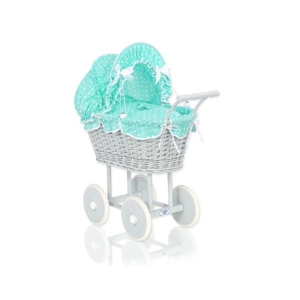 Rieten Poppenwagen met Beddengoed Mint Grijs Polkaprikker