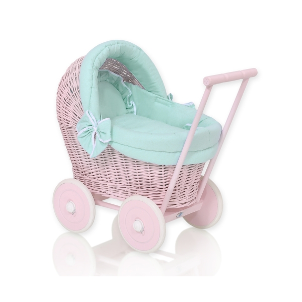 Rieten Poppenwagen met Beddengoed Mint Roze