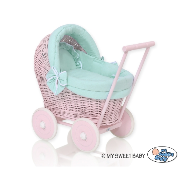 Rieten Poppenwagen met Beddengoed Mint Roze
