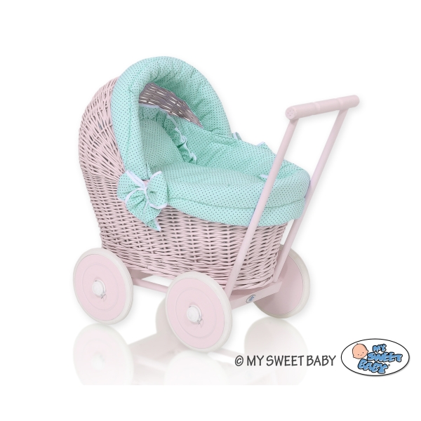 Rieten Poppenwagen met Beddengoed Mint Roze Polkaprikker
