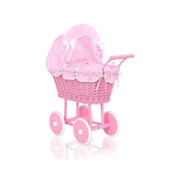 Rieten Poppenwagen met Beddengoed Roze