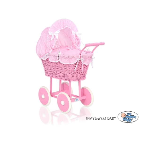Rieten Poppenwagen met Beddengoed Roze