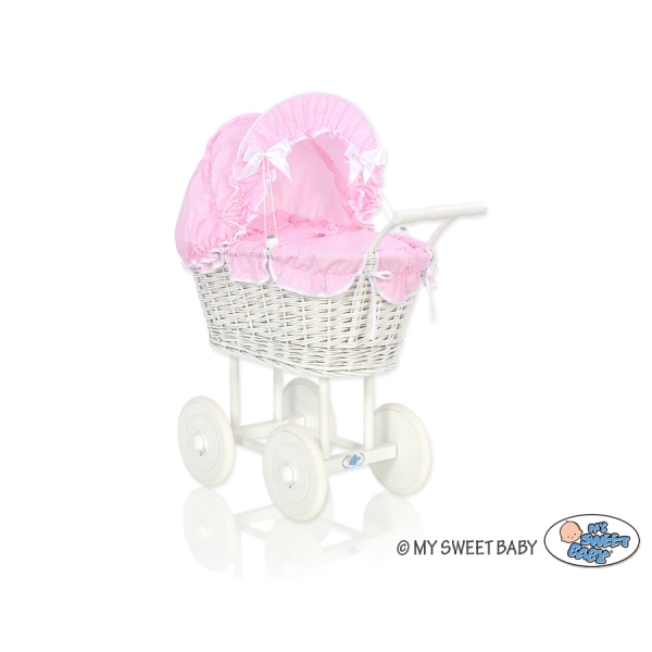 Rieten Poppenwagen met Beddengoed Roze Geruit