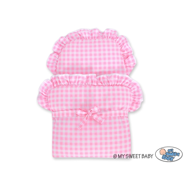Rieten Poppenwagen met Beddengoed Roze Geruit Stofroze