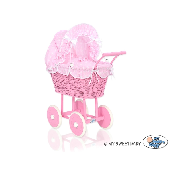 Rieten Poppenwagen met Beddengoed Roze Polkaprikker