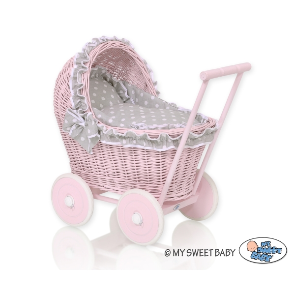 Rieten Poppenwagen met Beddengoed Roze Wit Grijs Polkaprikker