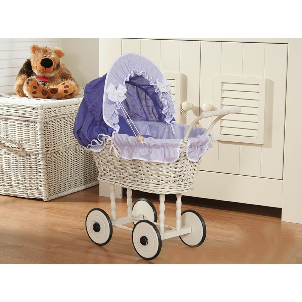 Rieten Poppenwagen met Beddengoed Wit