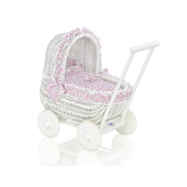 Rieten Poppenwagen met Beddengoed Wit