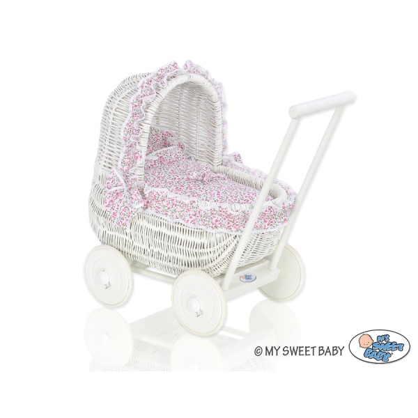 Rieten Poppenwagen met Beddengoed Wit
