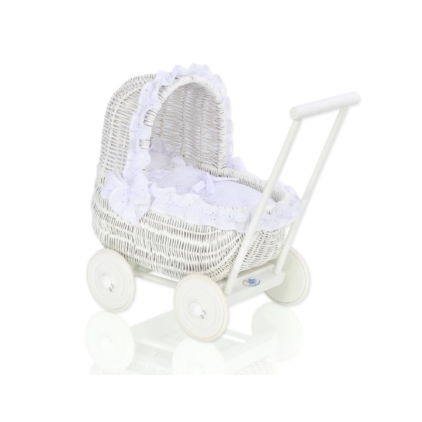 Rieten Poppenwagen met Beddengoed Wit