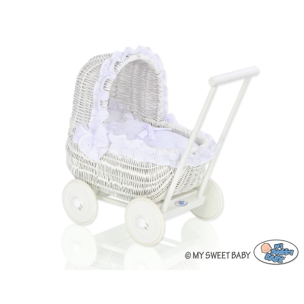 Rieten Poppenwagen met Beddengoed Wit