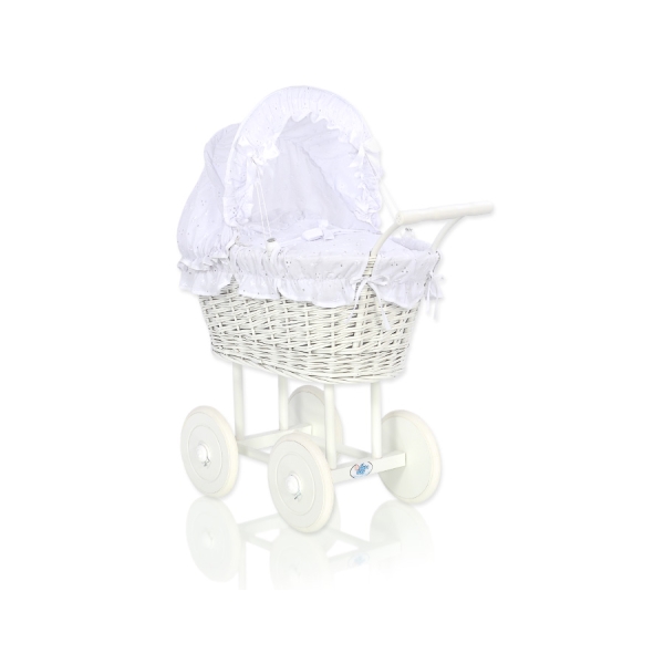 Rieten Poppenwagen met Beddengoed Wit