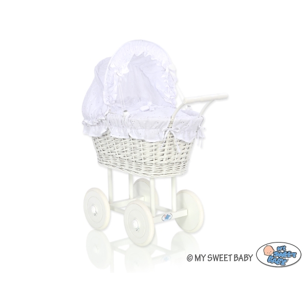 Rieten Poppenwagen met Beddengoed Wit