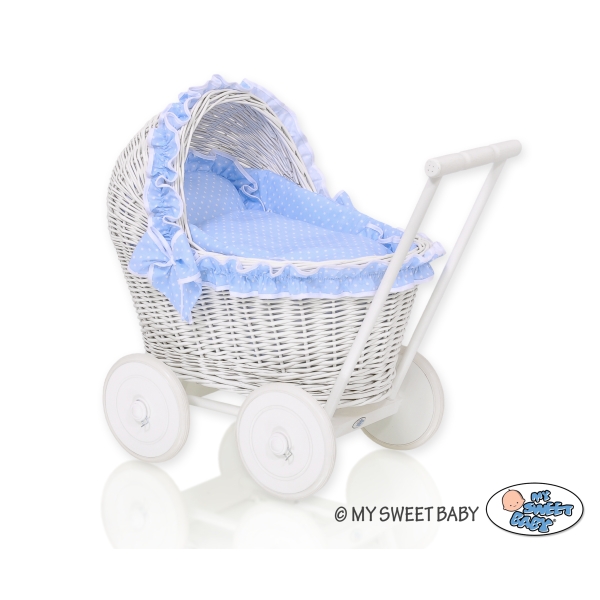 Rieten Poppenwagen met Beddengoed Wit Blauw Polkaprikker