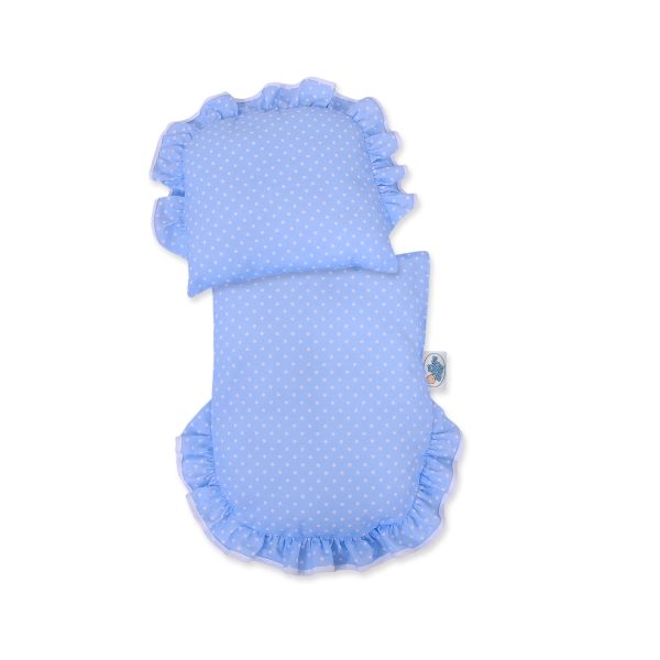 Rieten Poppenwagen met Beddengoed Wit Blauw Polkaprikker