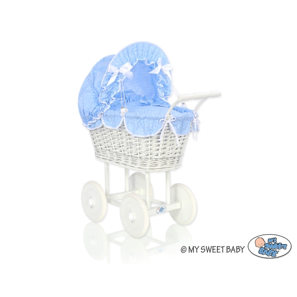 Rieten Poppenwagen met Beddengoed Wit Blauw Polkaprikker