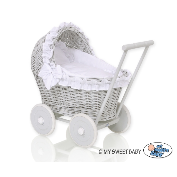 Rieten Poppenwagen met Beddengoed Wit Grijs
