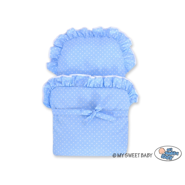 Rieten Poppenwagen met Beddengoed Wit Grijs Blauw Polkaprikker