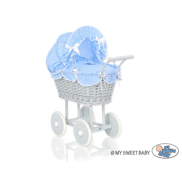 Rieten Poppenwagen met Beddengoed Wit Grijs Blauw Polkaprikker