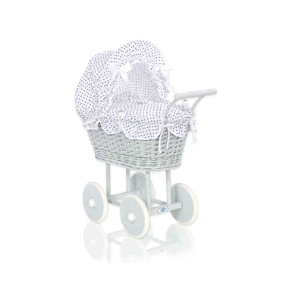 Rieten Poppenwagen met Beddengoed Wit Grijs Marineblauw Polkaprikker