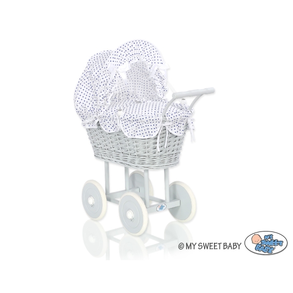 Rieten Poppenwagen met Beddengoed Wit Grijs Marineblauw Polkaprikker