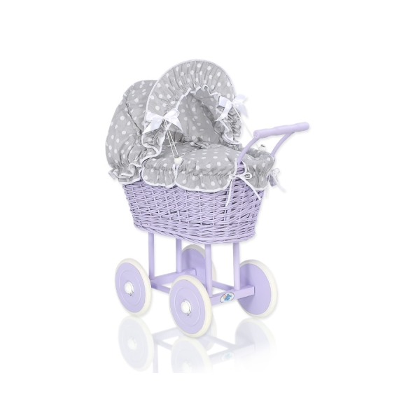 Rieten Poppenwagen met Beddengoed Wit Grijs Purper Polkaprikker