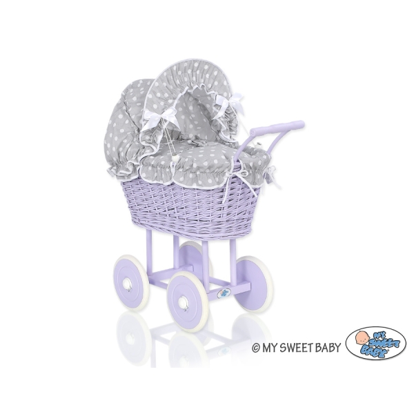 Rieten Poppenwagen met Beddengoed Wit Grijs Purper Polkaprikker