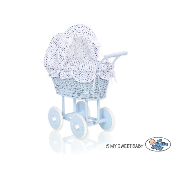 Rieten Poppenwagen met Beddengoed Wit Marineblauw Blauw Polkaprikker