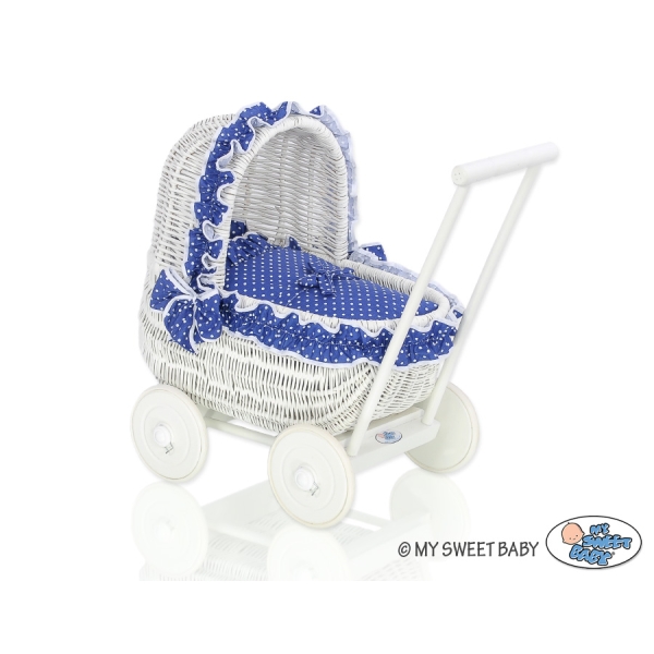 Rieten Poppenwagen met Beddengoed Wit Marineblauw Polkaprikker