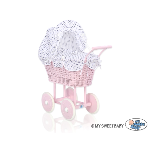 Rieten Poppenwagen met Beddengoed Wit Marineblauw Polkaprikker Stofroze