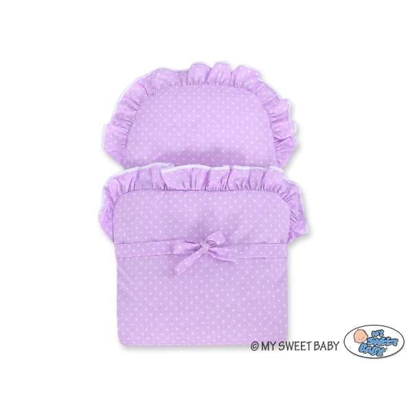 Rieten Poppenwagen met Beddengoed Wit Purper Polkaprikker