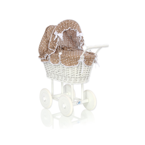 Rieten Poppenwagen met Beddengoedset Bruin Polkaprikker