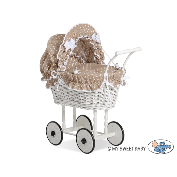 Rieten Poppenwagen met Beddengoedset Bruin Wit Polkaprikker