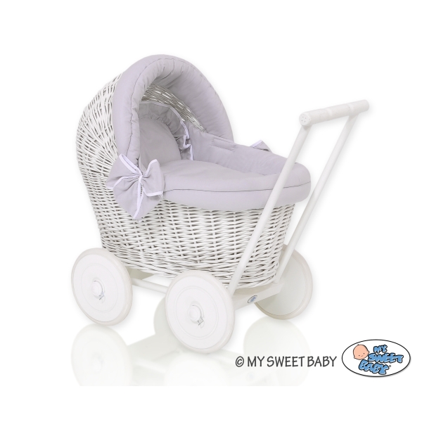 Rieten Poppenwagen met Beddengoedset Grijs