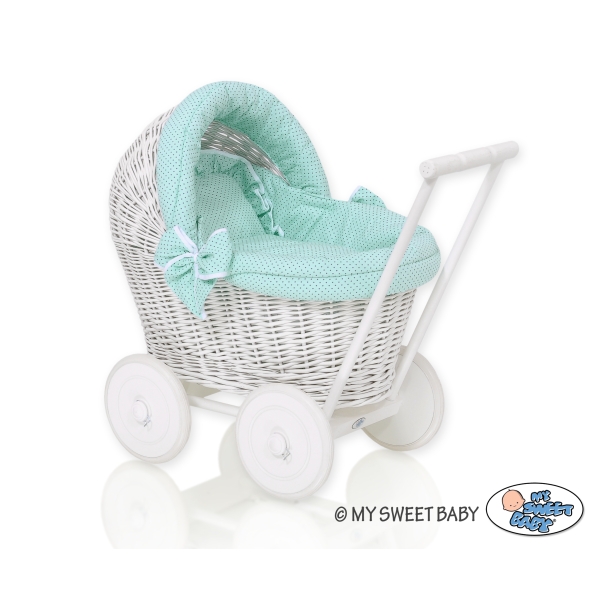 Rieten Poppenwagen met Beddengoedset Mint Polkaprikker