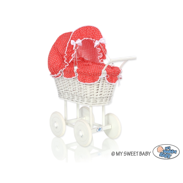 Rieten Poppenwagen met Beddengoedset Rood Polkaprikker