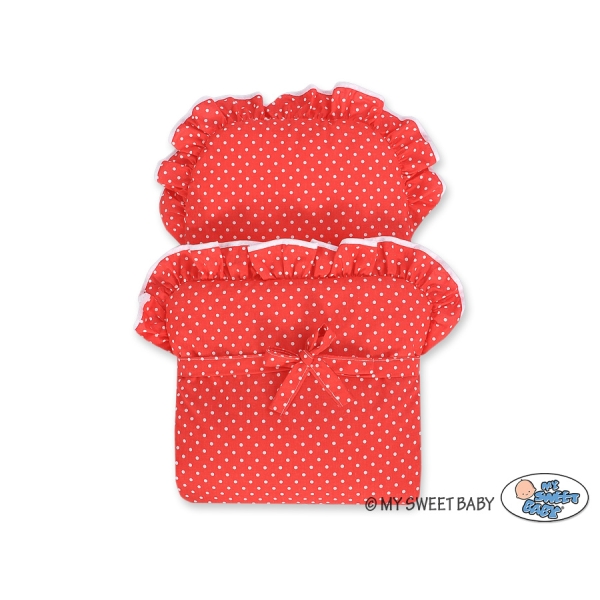 Rieten Poppenwagen met Beddengoedset Rood Polkaprikker
