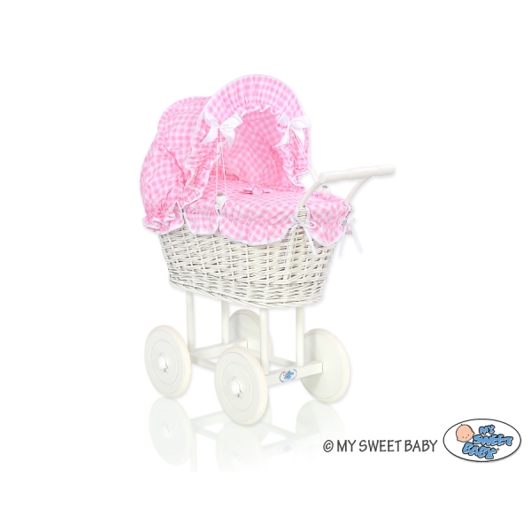 Rieten Poppenwagen met Beddengoedset Roze Geruit