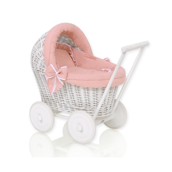 Rieten Poppenwagen met Beddengoedset Stofroze