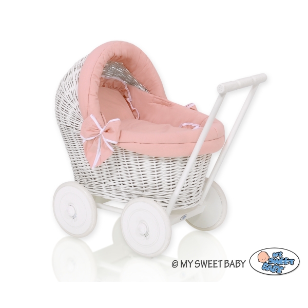 Rieten Poppenwagen met Beddengoedset Stofroze
