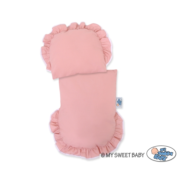 Rieten Poppenwagen met Beddengoedset Stofroze